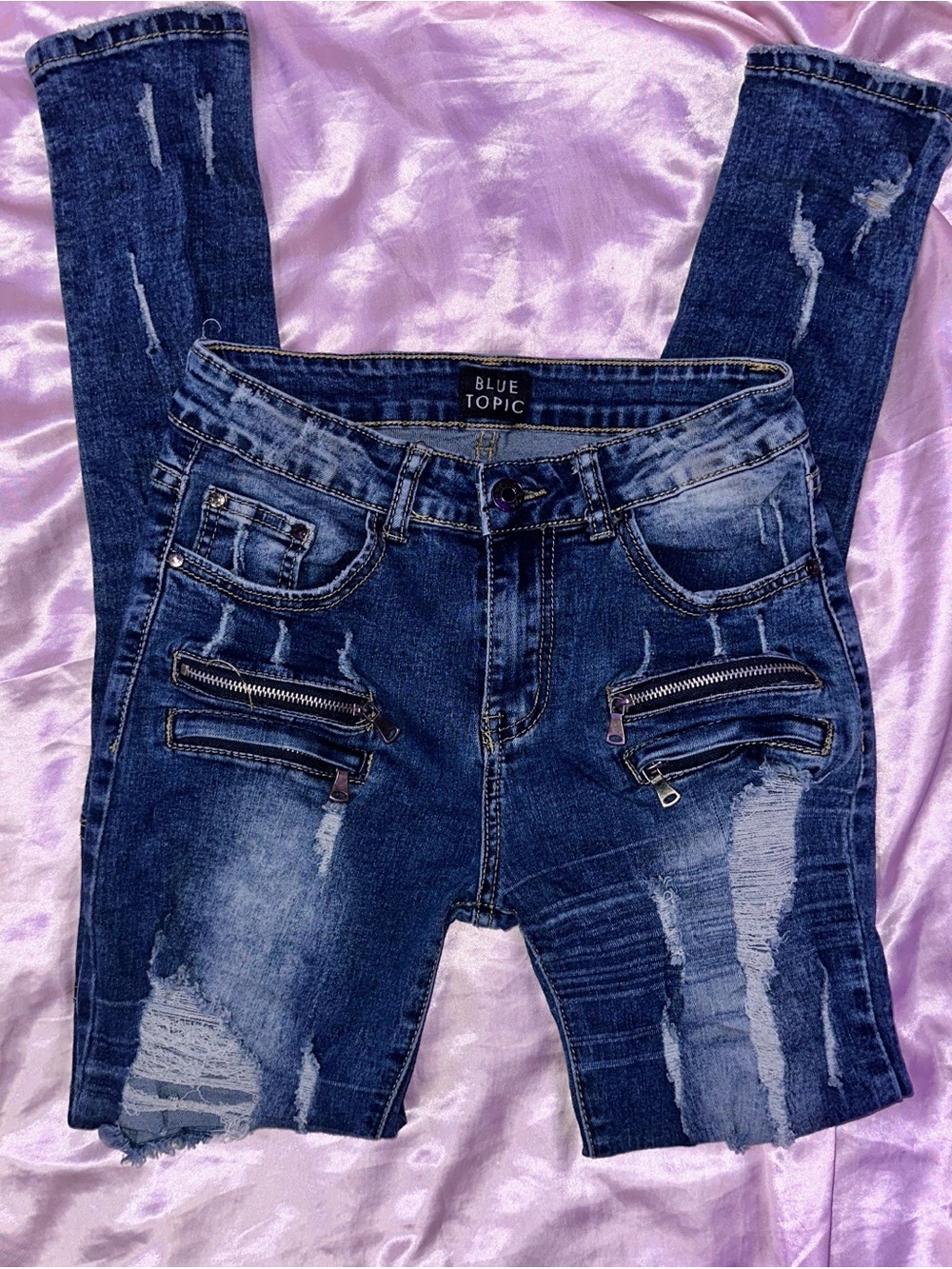 Blue Topic Women’s Dark Blue Distressed Skinny Jeans with Zip Accents